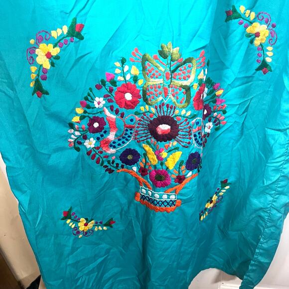 Vintage 1970’s Authentic Mexican Embroidered Aqua Blue Green Floral Smock Dress - Picture 6 of 7